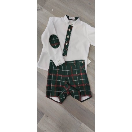 conjunto niño verde cuadros rojos