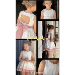 vestido lino bordado tul rosa
