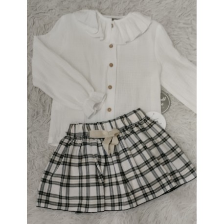 camisa bambula y falda pantalon cuadros verde/dorado